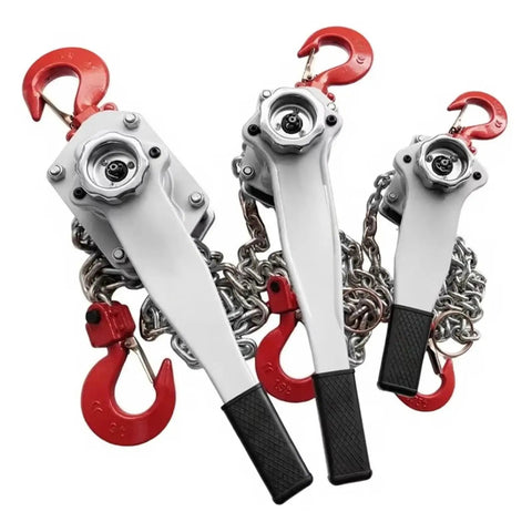 Heavy Duty 3 To 9 Ton Manual Lever Hoist Hand Chain Block showcasing three sizes with red hooks and chains for rigging.