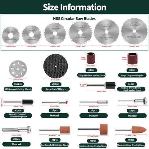 All In One Pro Grade 65 Piece Rotary Tool Kit With Diamond Cutting Wheels Resin Cut Off Discs HSS Circular Saw Blades Sanding Bands And Aluminum Oxide Bits For Wood Plastic Glass Metal Gem And Jade Projects, size chart