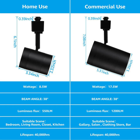 Comparison chart of Shop Ready Retail Pro Series 17.5W LED H Track Lighting Heads showing dimensions and features for home and commercial use.