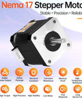 Front view of Nema 17 stepper motor with black body and silver mounting face, protruding shaft, 48mm frame.