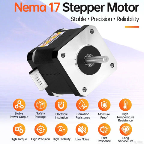 Front view of Nema 17 stepper motor with black body and silver mounting face, protruding shaft, 48mm frame.