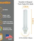 Compact Fluorescent 4 Pin G24q3 U Shape Twin Tube Light Bulbs, 26W 120V, 1560 Lumens, 4100K Cool White, see product details