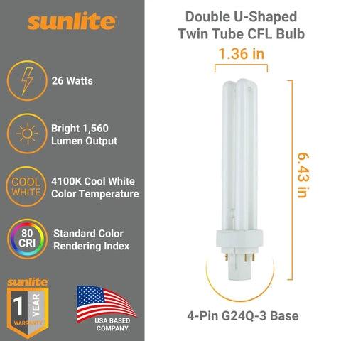 Compact Fluorescent 4 Pin G24q3 U Shape Twin Tube Light Bulbs, 26W 120V, 1560 Lumens, 4100K Cool White, see product details