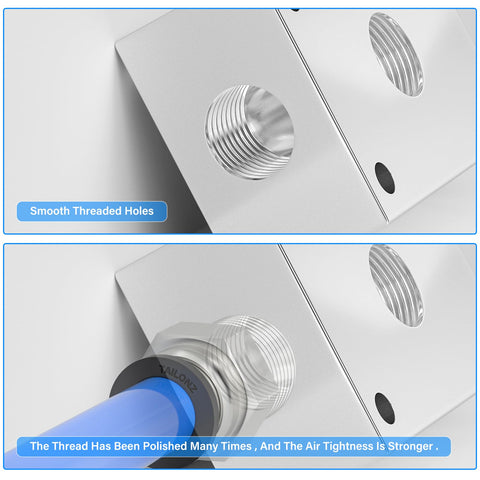 Close-up of aluminum 1/4 Inch Push To Connect Pneumatic Fittings Manifold Block, polished threads for PU tubing.