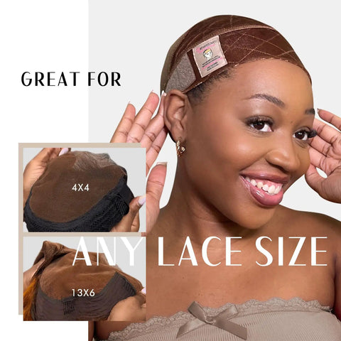 Wide Wig Grip Band For Lace Front Wigs, Velvet Non Slip Holder In Nude on smiling woman demonstrating fit