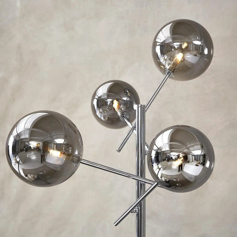 Sputnik 4 Light Floor Lamp With Smoky Grey Glass Globes, Chrome Finish, Dope Modern Silver Chandelier Style Floor Light for Living Room