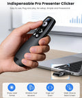 Wireless Presentation Clicker With Volume Control And Slide Advancer for PowerPoint Mac PC Laptop shown in hand near a laptop