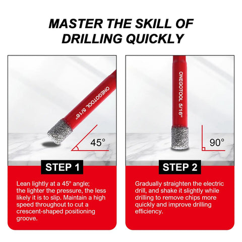Instruction for using 6 Pack Vacuum Brazed Diamond Drill Bits Set for dry masonry on tile at 45 and 90 degrees angles.