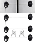 Heavy Duty Four Pack Slide Bolt Locks For Fridge And Cupboards With Backup Keys shown on a stainless steel fridge, featuring keyholes and cables.