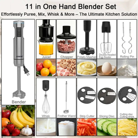 Heavy Duty Twelve In One Immersion Blender Bundle Featuring Kickass 1000 Watt Motor Designed For Smoothies Creamy Soups Orange Juicer Egg Frother Veggie Chopper And Bread Kneader displayed with multiple attachments and kitchen tools.