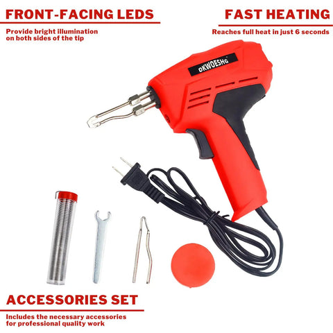 Instant Heat Pro Grade Soldering Gun Kit 120V AC With 700F Max Temp Trigger Activated And Built In Work Light Includes 2 Tips Solder Hex Wrench And Plastic Case For Electronics Repair DIY Projects And Home Fixes, shown with accessories.