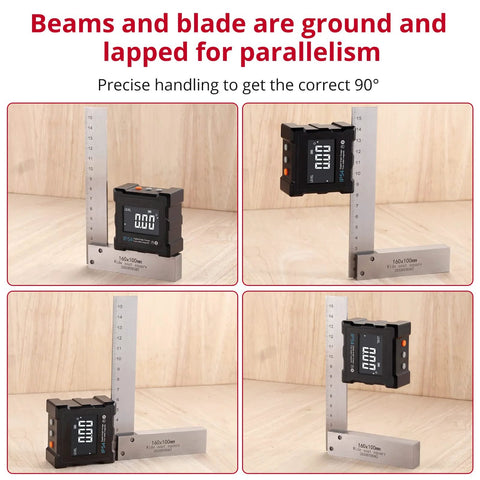 Four-piece machinist square set (2 in, 3 in, 4 in, 6 in) in hardened steel for precise 90-degree layout and measurement.