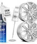 Universal Silver Rim Touch Up Paint With Built In Brush For Curb Rash And Wheel Scuff Scrapes, 12ml can and silver wheels.
