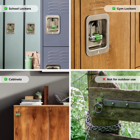 Locker Padlock With Set Your Own Five Character Code for School and Gym Lockers No Key Needed, shown in various uses.