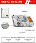 Diagram of Dodge Ram Headlight Assembly Replacement For 2010 To 2018 Ram 1500 2500 3500 Chrome Housing Amber Reflector