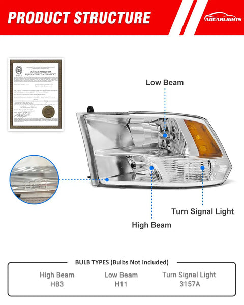 Diagram of Dodge Ram Headlight Assembly Replacement For 2010 To 2018 Ram 1500 2500 3500 Chrome Housing Amber Reflector