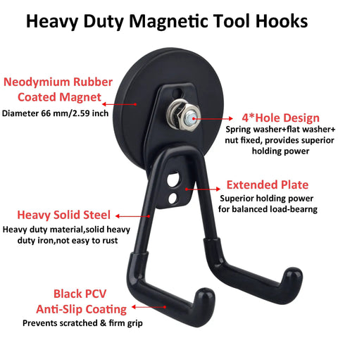 Heavy Duty Magnetic Hooks 2 Pack For Power Drill Broom Garden Tools Pegboard Garage Organization Rubber Coated Magnets Black