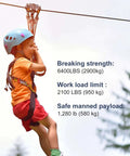 Child on zip line using Heavy Duty Quarter Inch Stainless Steel Cable 25 Ft Wire Rope With 7x19 Aircraft Cable Construction 6400 Lbs Breaking Strength Zip Line Kit With M8 Wire Rope Clips And Thimbles Built To Tackle Tough Jobs