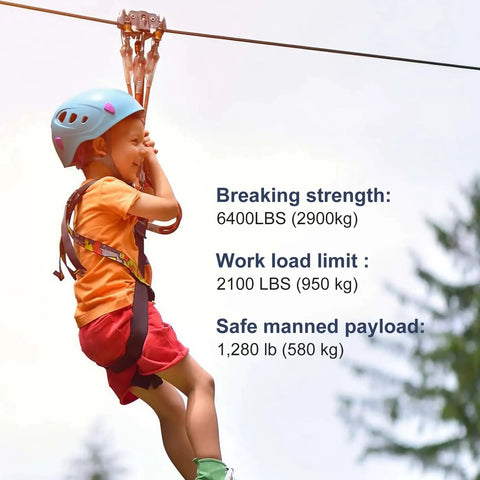 Child on zip line using Heavy Duty Quarter Inch Stainless Steel Cable 25 Ft Wire Rope With 7x19 Aircraft Cable Construction 6400 Lbs Breaking Strength Zip Line Kit With M8 Wire Rope Clips And Thimbles Built To Tackle Tough Jobs