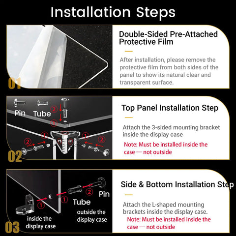 Installation steps for dust proof crystal clear acrylic display case for LEGO 21356 steampunk ships with mounting instructions.