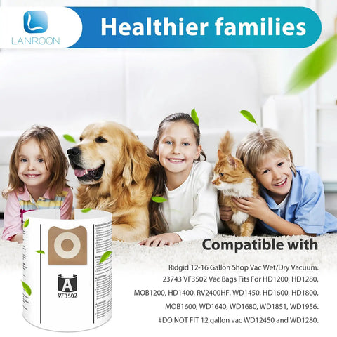 12 Pack VF3502 Vacuum Bags next to family with pets, compatible with Ridgid 12-16 Gallon Wet Dry Vac and Craftsman Shop Vac