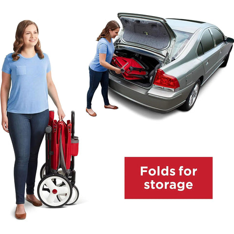Woman folding Convertible Wagon Stroller for Kids 1 Plus Beach Cart With Wheels All In One Red Wagon into car trunk