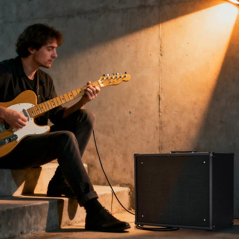Musician playing guitar next to 50W Electric Guitar Amp Combo With 10 Inch Speaker For Home Practice And Studio Jams Powerhouse Amp