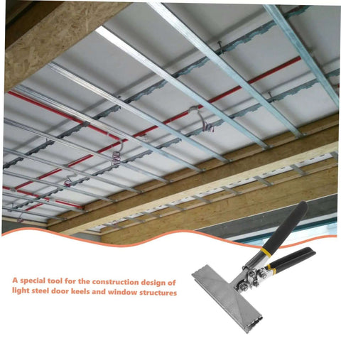 Go To Workhorse Hand Seamer Tool And Metal Bender in industrial construction setting with ceiling framework, showcasing ergonomic design