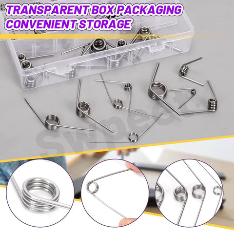 Swpeet stainless steel torsion springs assortment kit, 45 pcs in 15 sizes (45/90/120°) for home repair DIY projects.