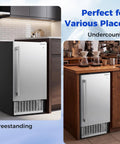15 Inch Under Counter Commercial Ice Maker Produces 110 Lbs Of Ice Daily With 25 Lb Storage Capacity Sleek Silver And Black Finish, shown undercounter in kitchen.