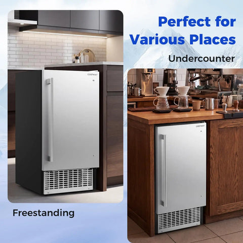 15 Inch Under Counter Commercial Ice Maker Produces 110 Lbs Of Ice Daily With 25 Lb Storage Capacity Sleek Silver And Black Finish, shown undercounter in kitchen.