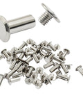 Rock Solid Chicago Binding Screws, M4 X 12Mm Phillips Pan Head Rivet Nuts, Nickel Plated Carbon Steel in a 30 pack laid out.