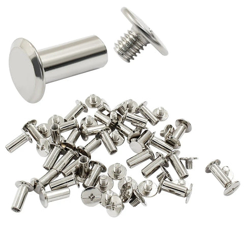 Rock Solid Chicago Binding Screws, M4 X 12Mm Phillips Pan Head Rivet Nuts, Nickel Plated Carbon Steel in a 30 pack laid out.