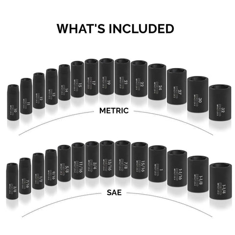 Half Inch Impact Socket Set 35 Piece Deep Socket Kit With Ratchet Handle And Extension Bars SAE And Metric Sizes sockets displayed