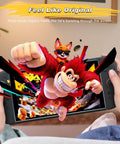Cartoon characters popping out of a Nintendo Switch screen held by hands, with text 'Feel Like Original' on top.
