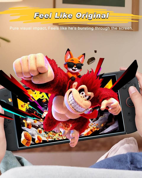 Cartoon characters popping out of a Nintendo Switch screen held by hands, with text 'Feel Like Original' on top.