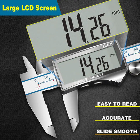 Handy 6 Inch Digital Calipers With Large LCD Screen showing 14.26mm, Stainless Steel Vernier Caliper, precise inside outside depth tool