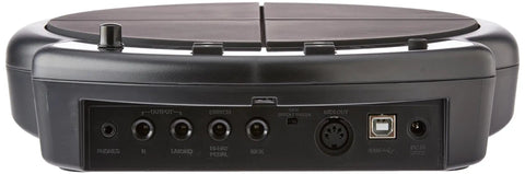 Compact Electronic Drum Pad Sound Module With Four Velocity Sensitive Pads, rear view showing USB MIDI connectivity and inputs.