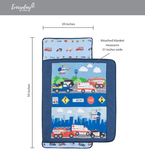 Nap Mat For Toddlers With Removable Pillow Fire Police Rescue Theme, roll up design, 20x50 mat, 31x40 blanket, Everyday Kids