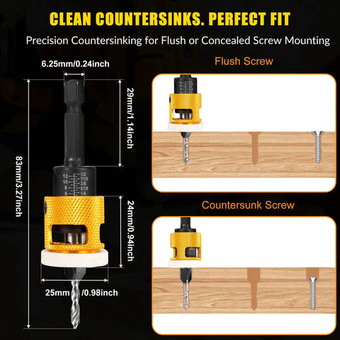 Diagram showing Go To Countersink Drill Bit Set With Low Friction Depth Stop And Replaceable HSS Pilot Bits demonstrating use.