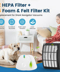 Navigator Lift Away Replacement Filter Pack 2 Plus 4 Pack For Shark Vacuum Models, dog and child in living room