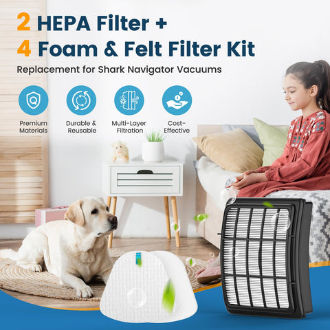Navigator Lift Away Replacement Filter Pack 2 Plus 4 Pack For Shark Vacuum Models, dog and child in living room