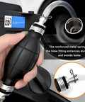 Straight Up Solid Hand Fuel Transfer Pump Manual Rubber Primer Bulb fits 10mm 3/8 inch lines, shown installed for gasoline or diesel use.