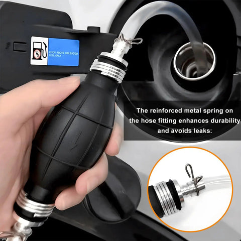 Straight Up Solid Hand Fuel Transfer Pump Manual Rubber Primer Bulb fits 10mm 3/8 inch lines, shown installed for gasoline or diesel use.