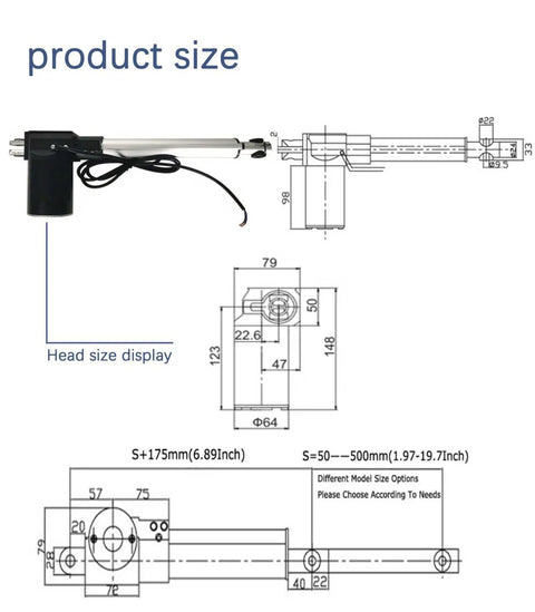 Diagram of Beefy Heavy Duty 1320 Lbs 6000 N 24 V DC Linear Actuator With 8 Inch Stroke showing dimensions and head size