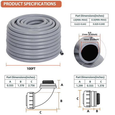 Half Inch Liquid Tight PVC Conduit Kit With 100 Feet, Ten Connectors, Five Straight And Five Ninety Degree Fittings, Grey, UL Certified