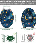Elongated Resin Toilet Seat for Bathroom with galaxy design, dimensions displayed for measuring, fits 40-47cm length.