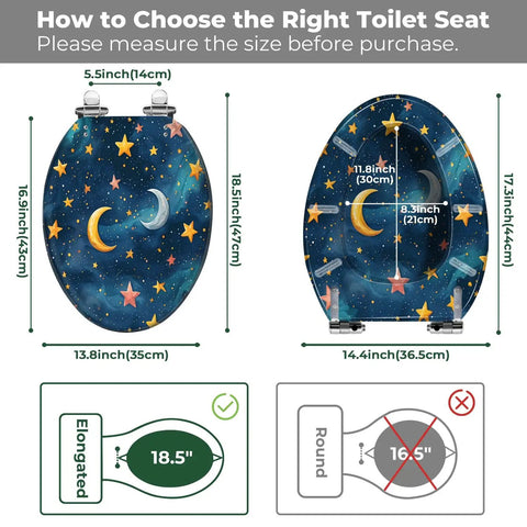 Elongated Resin Toilet Seat for Bathroom with galaxy design, dimensions displayed for measuring, fits 40-47cm length.