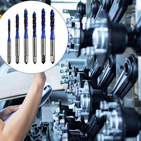 Grab This 6 Piece Tap Drill Bits Set For Metal Thread Repair Kits Featuring High Speed Steel Perforated Spirals And Metric Composite Taps That Are Super Durable, Sharp, And Built To Fix Damaged Threads Fast Without The Hassle. HSS tap set in machine storage rack