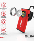 Slim 6694 red rechargeable flashlight delivers 500 lumens of bright COB LED power with dimming memory recall, pocket clip visible.